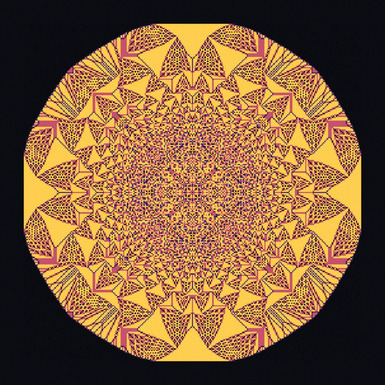 A large round fractal of amber and rose cells on near-black: symmetric fans and lattices around a dense speckled core, the stable residue of 130,000 grains toppled from a single point.